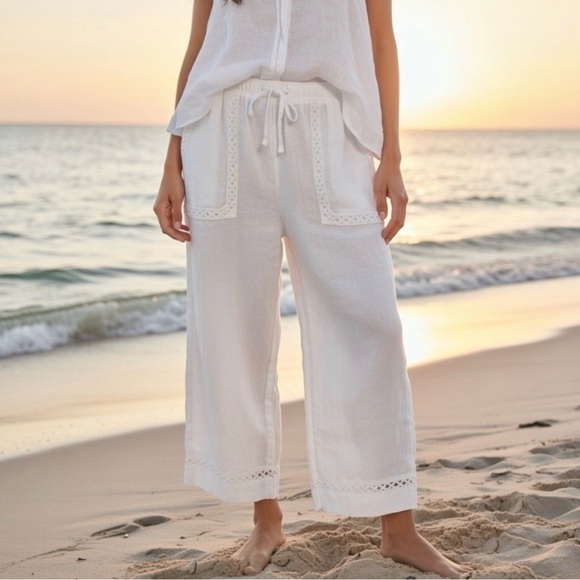 Joie Pants - Joie White Linen Wide Leg Pants with Lace Accents